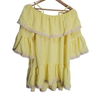 Mirror Image Blouse Womens Size Medium Yellow Ruffles Lace Off Shoulder Boho